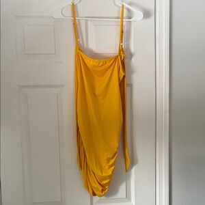 Ruched Tie Back Yellow Draped Mini Dress